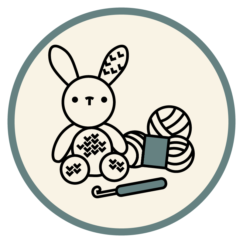 Simple Icon of Amigurumi Bunny and Yarn Ball and Skein and Crochet Hook