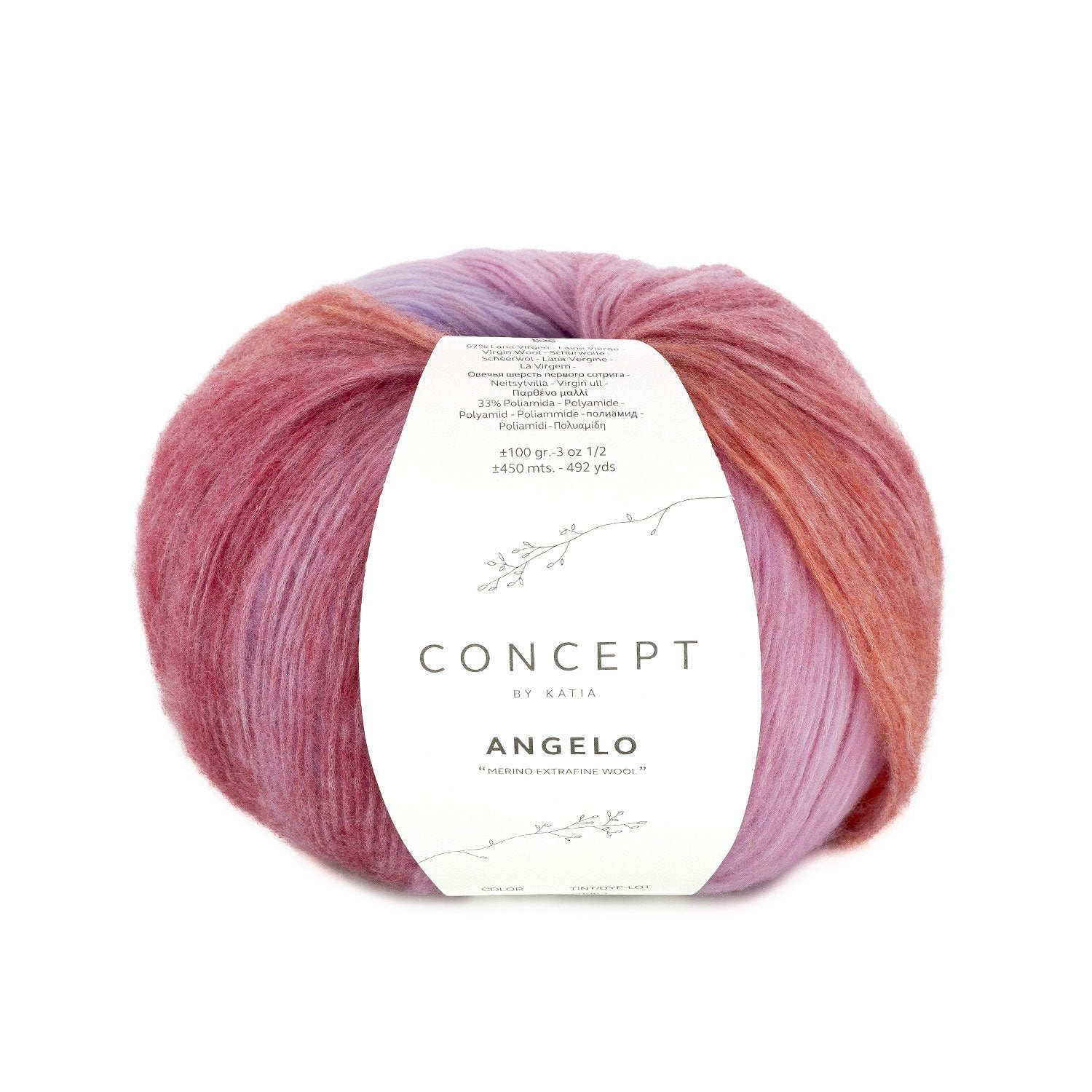 ANGELO SOFT Gradient Yarn - Soft, Lightweight, Virgin Wool Blend 205 - rosados/naranja/lila | Knitting yarn shop / dzijas veikals