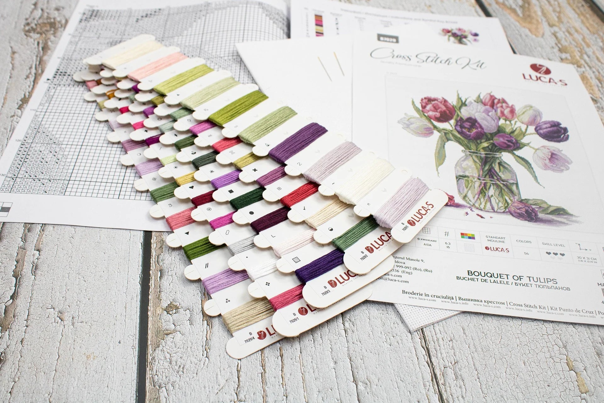 Luca - S Cross Stitch Kit – Bouquet of Tulips B7029, 16ct AIDA, 30x31cm, 189x195 Stitches, 56 Colors, Includes Cotton Threads, Needles & Guide | Knitting yarn shop / dzijas veikals