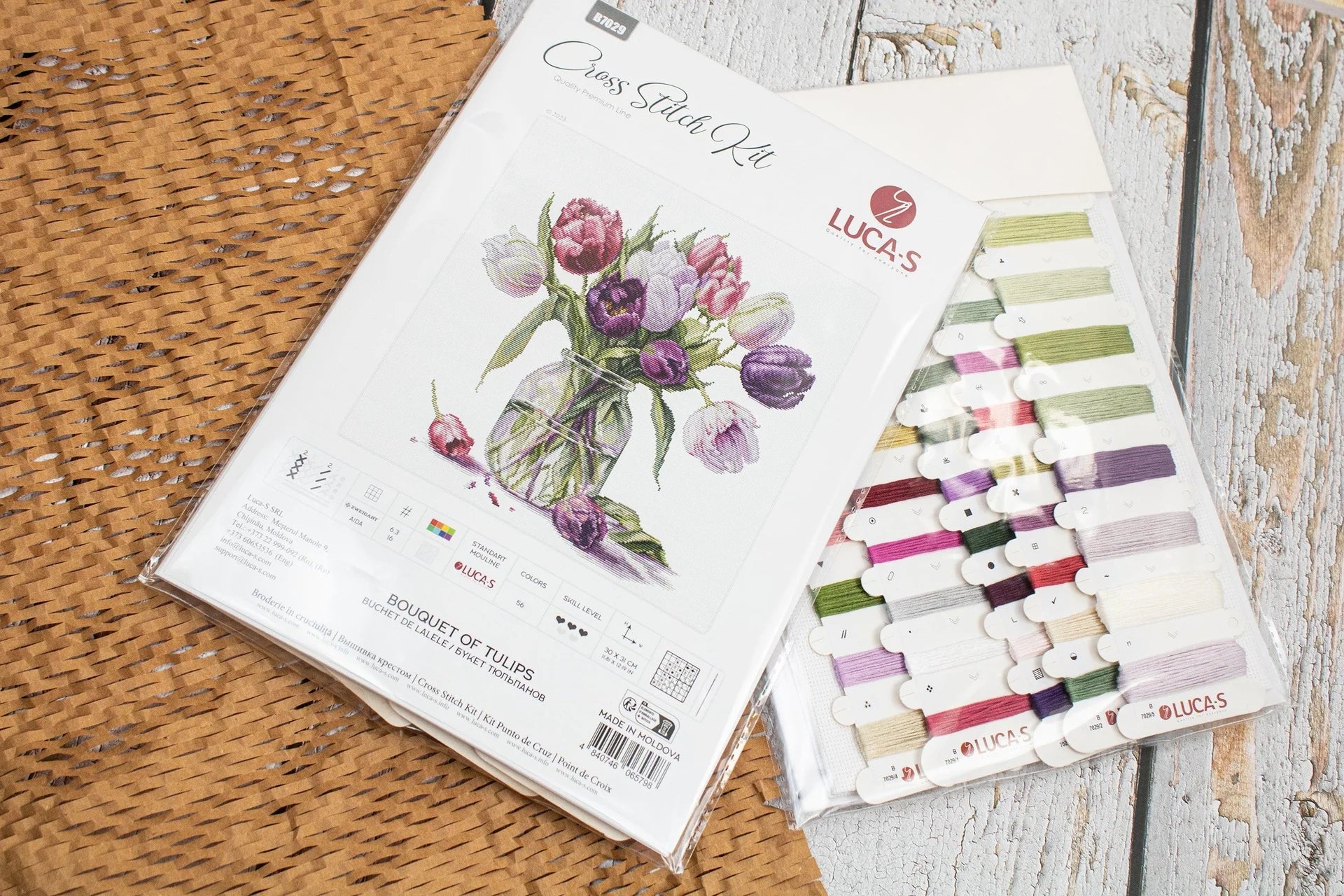 Luca - S Cross Stitch Kit – Bouquet of Tulips B7029, 16ct AIDA, 30x31cm, 189x195 Stitches, 56 Colors, Includes Cotton Threads, Needles & Guide | Knitting yarn shop / dzijas veikals