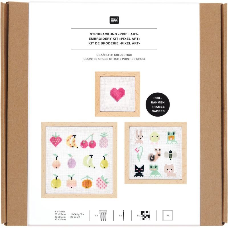 Rico Design Pixel Art Cross Stitch Embroidery Kit Set - 3pcs | Knitting yarn shop / dzijas veikals
