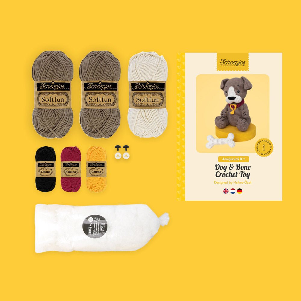 Scheepjes Amigurumi kit Dog & Bone crochet toy | Knitting yarn shop / dzijas veikals